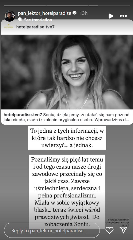 Sonia Szklanowska z Hotelu Paradise nie zyje